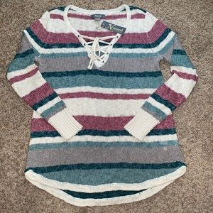 NWT Natural Reflections Striped Lace Up Sweater